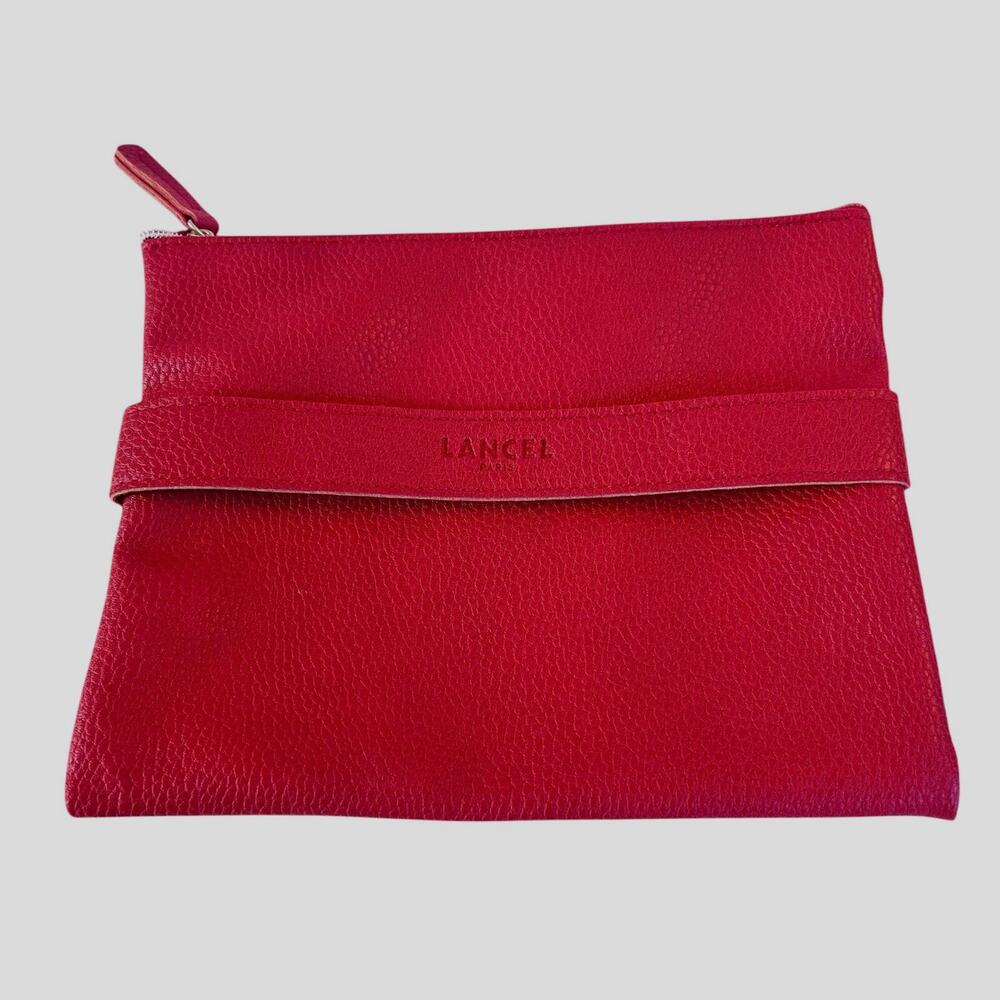 Lancel Paris Red Leather Zip Pouch Travel Accessory Bag Air France First Class